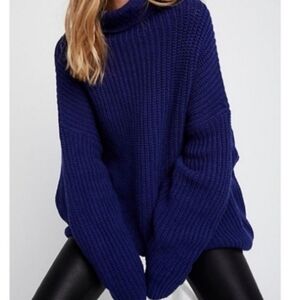 Free People Swim Too Deep blue knit oversized turtleneck sweater XS